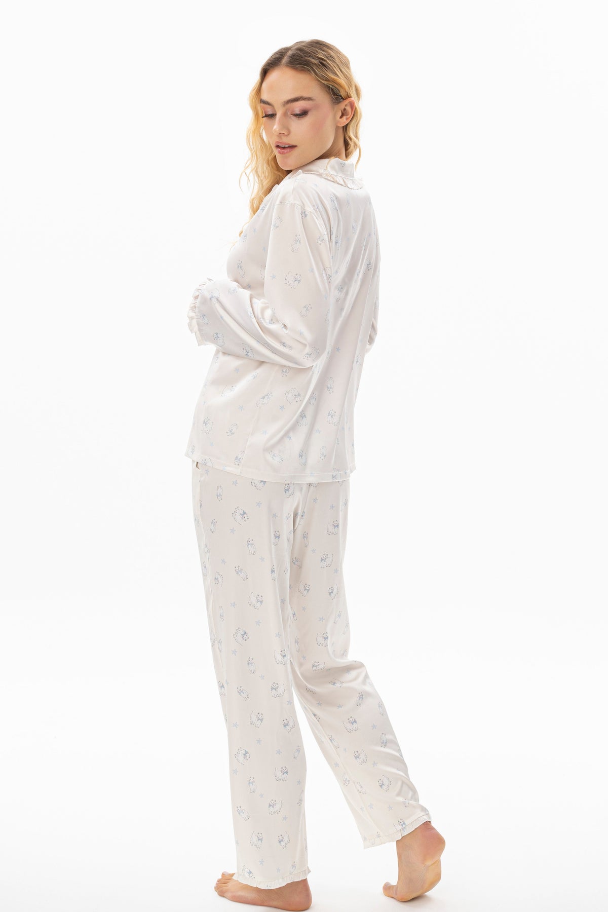Daisy Fırfır Yakalı Çiçek Desenli İpek Saten Pijama Takımı