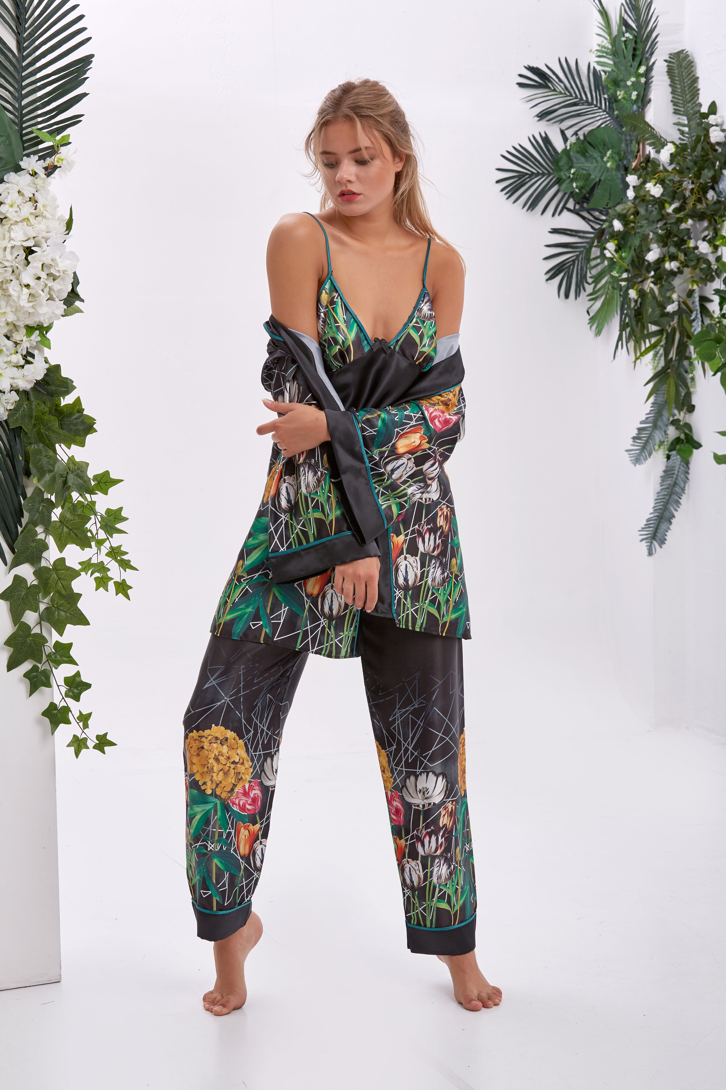 Iris Floral & Geometrik Saten Uzun Kimono Pijama Takımı