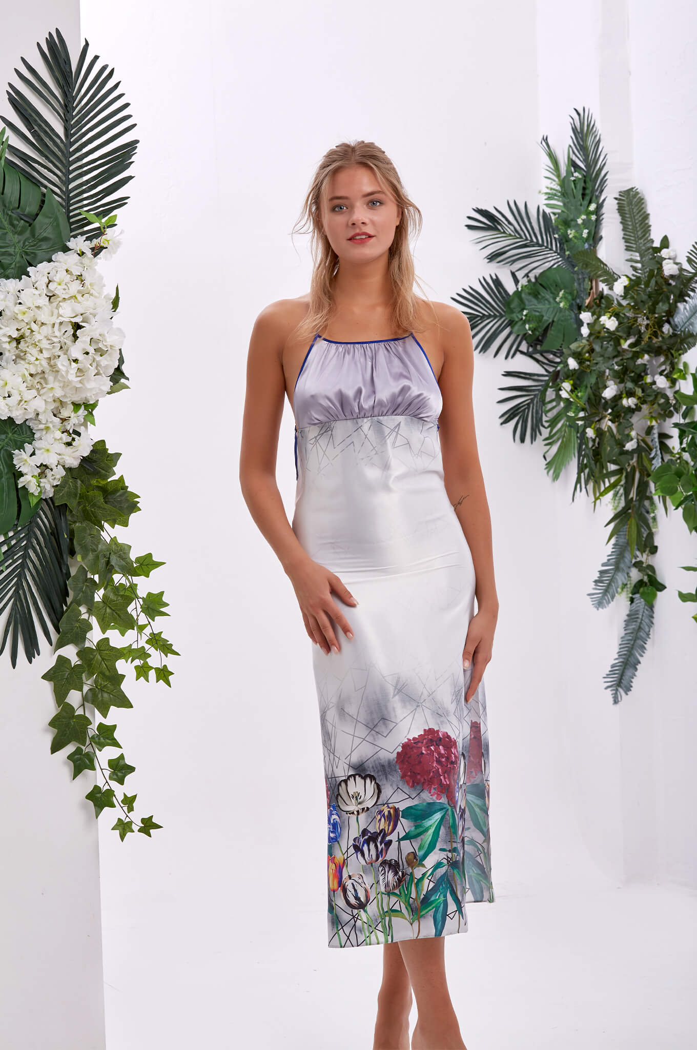 Iris Floral & Geometrik Saten Uzun Kimono Seti