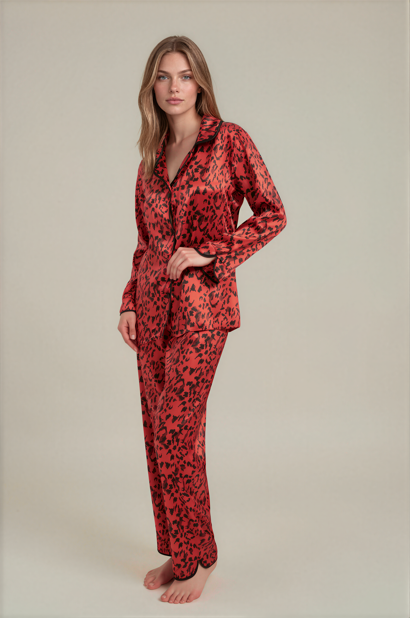 Kırmızı Leopar Saten Pijama