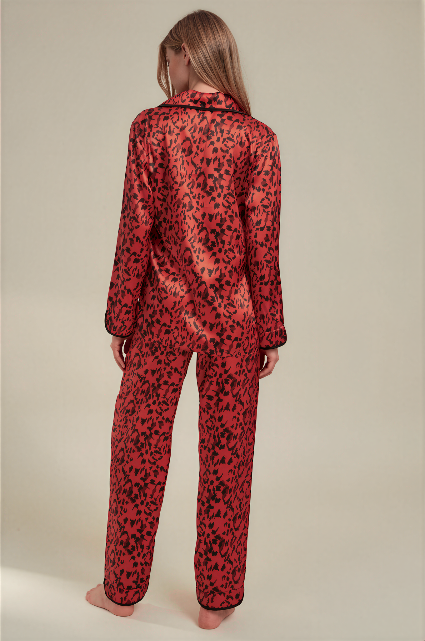 Kırmızı Leopar Saten Pijama