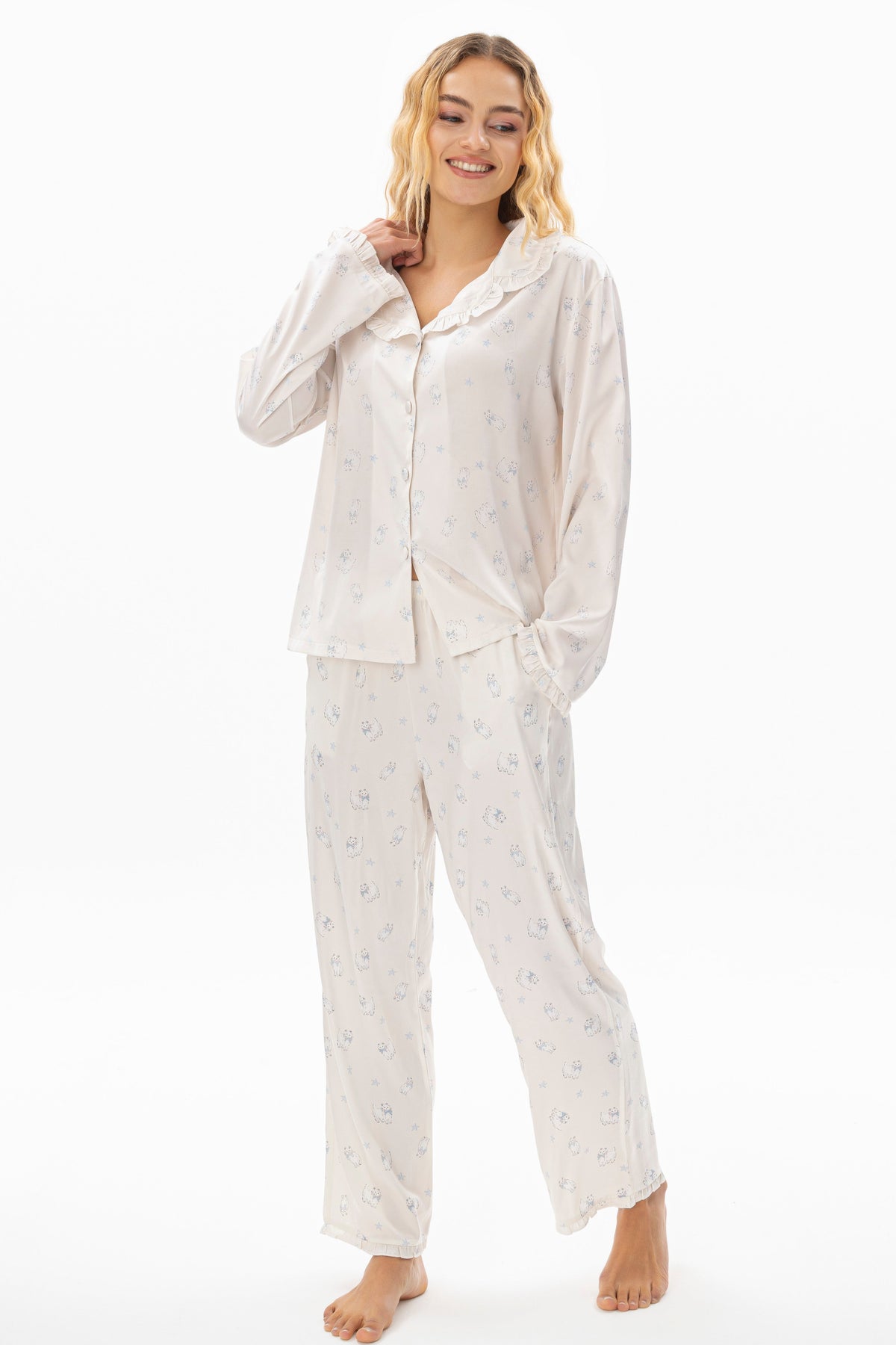 Daisy Fırfır Yakalı Çiçek Desenli İpek Saten Pijama Takımı