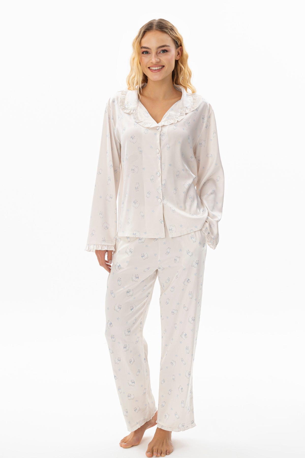Daisy Fırfır Yakalı Çiçek Desenli İpek Saten Pijama Takımı