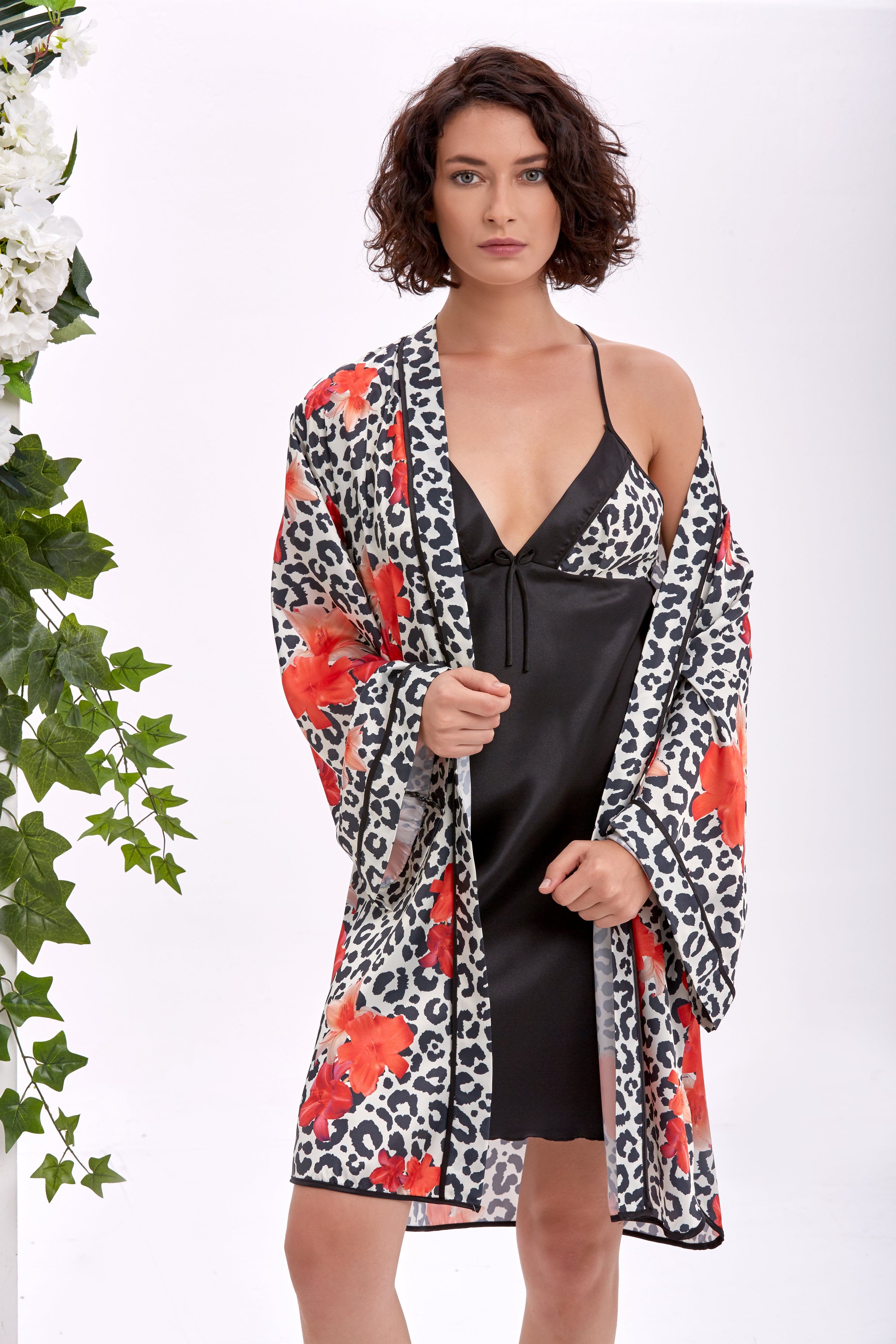 Safari &amp; Flora Saten Kimono ve Gecelik Takımı