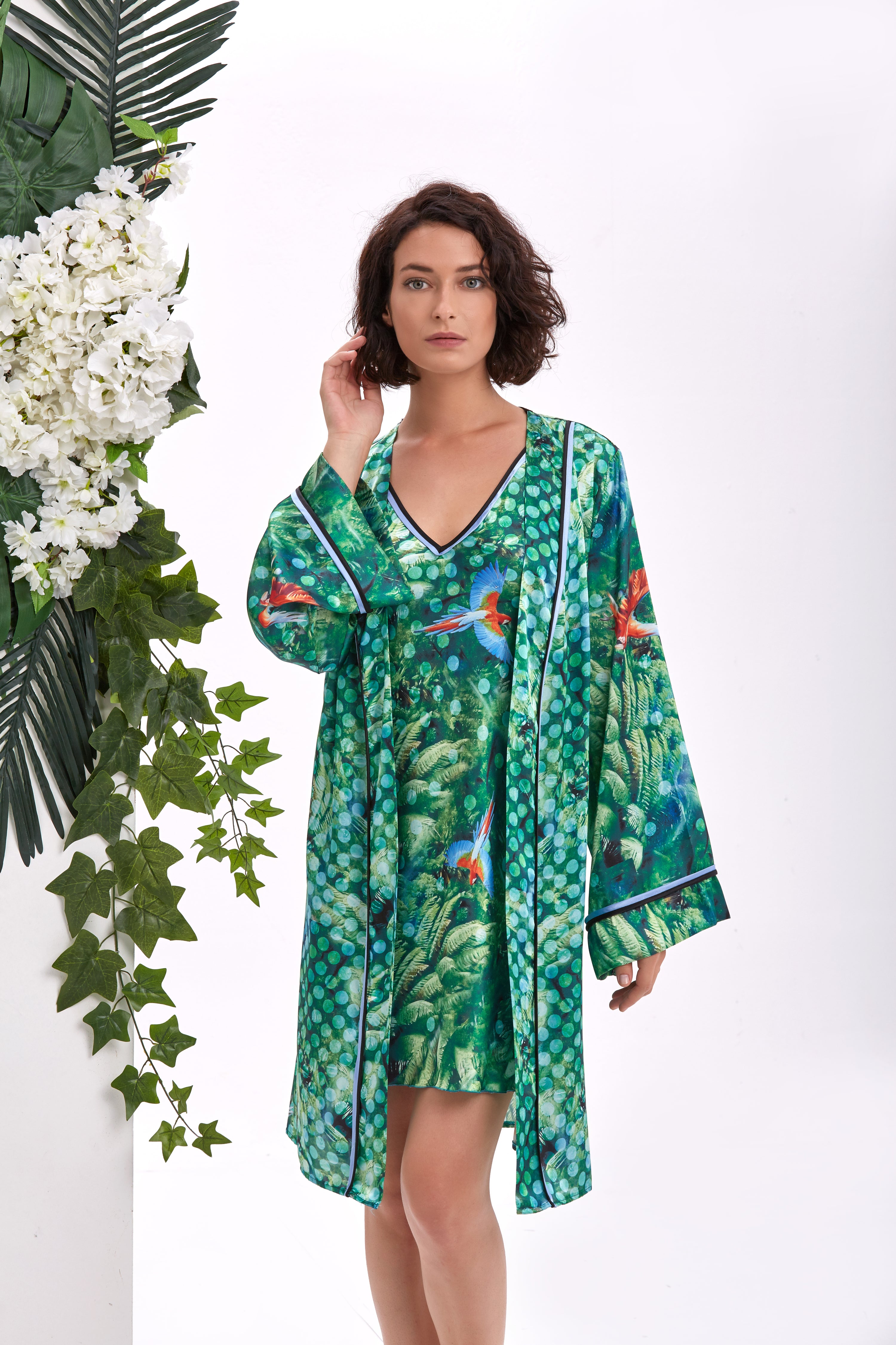 Tropicana Saten Kimono ve Gecelik Takımı