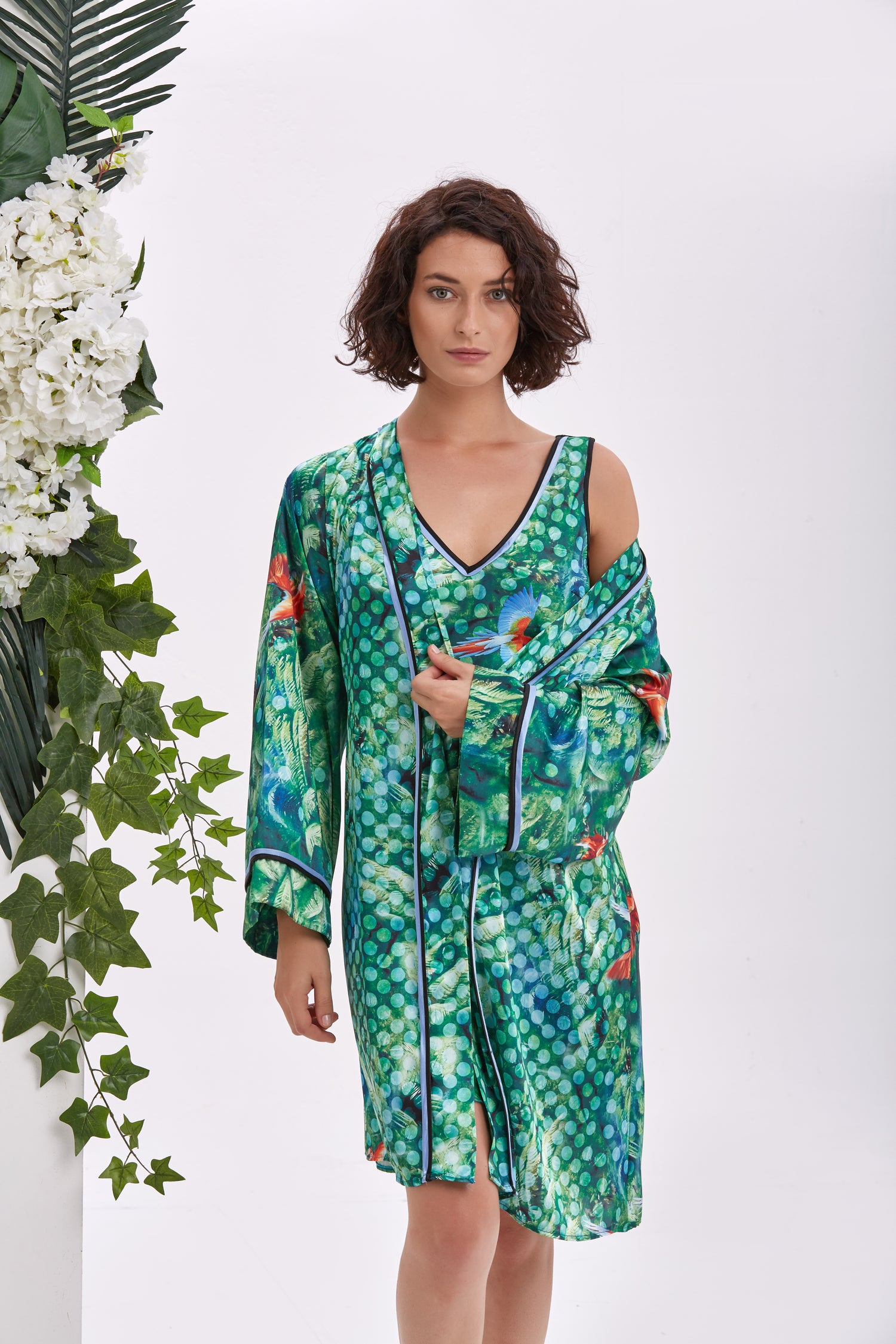 Tropicana Saten Kimono ve Gecelik Takımı