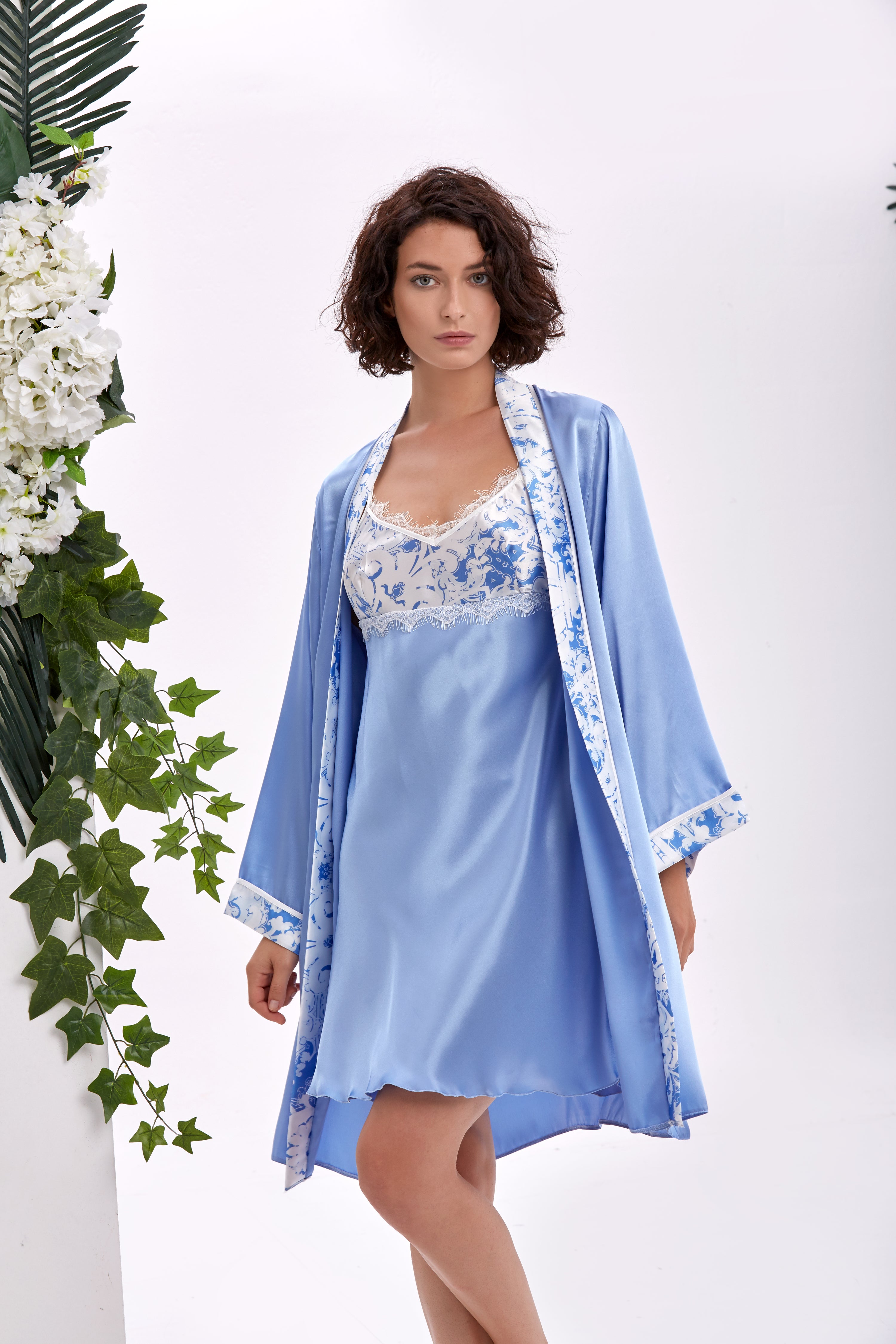 Azure Floral Saten Kimono ve Gecelik Takımı