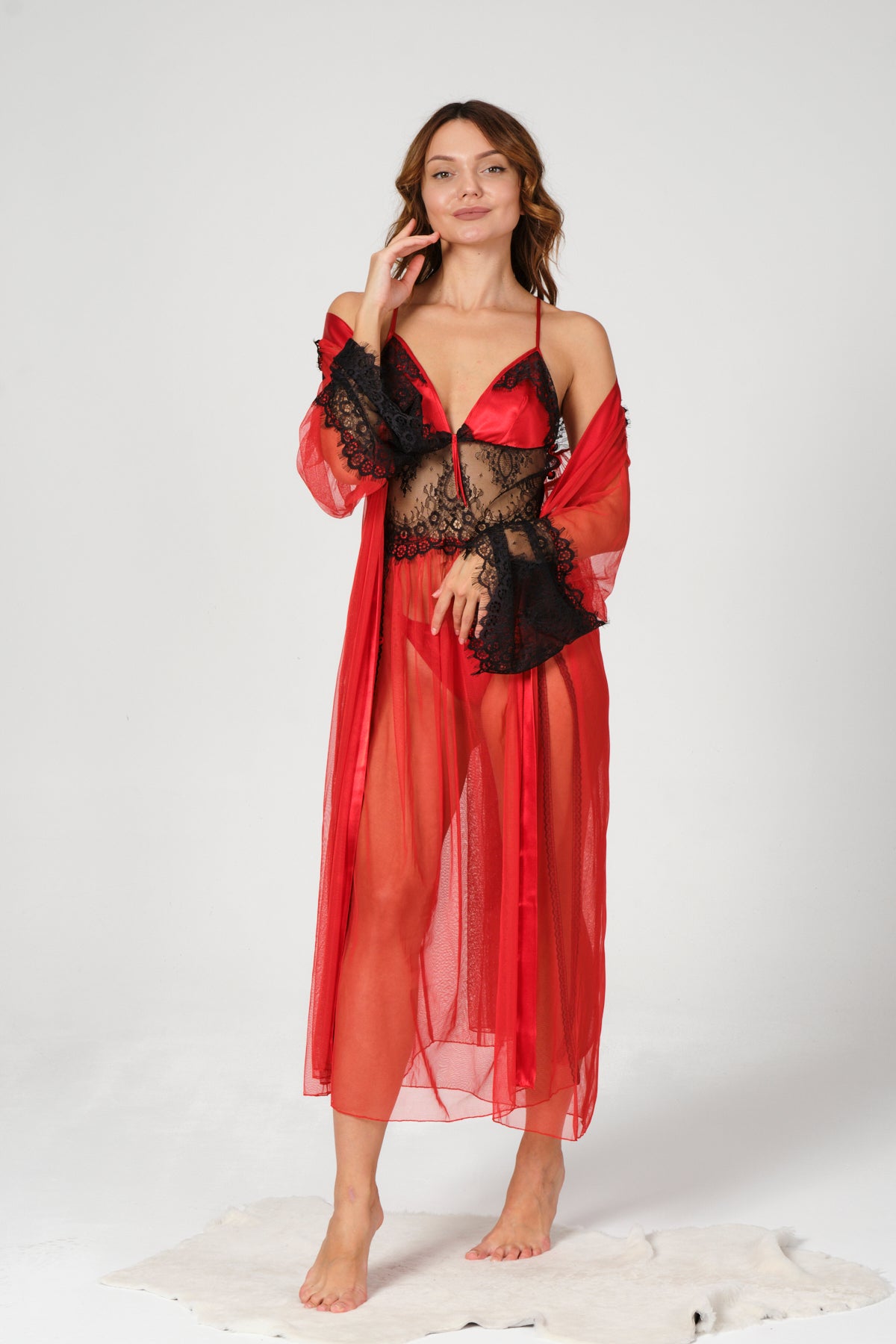 Noir &amp; Rouge Transparan Dantelli Uzun Gecelik &amp; Sabahlık Takımı