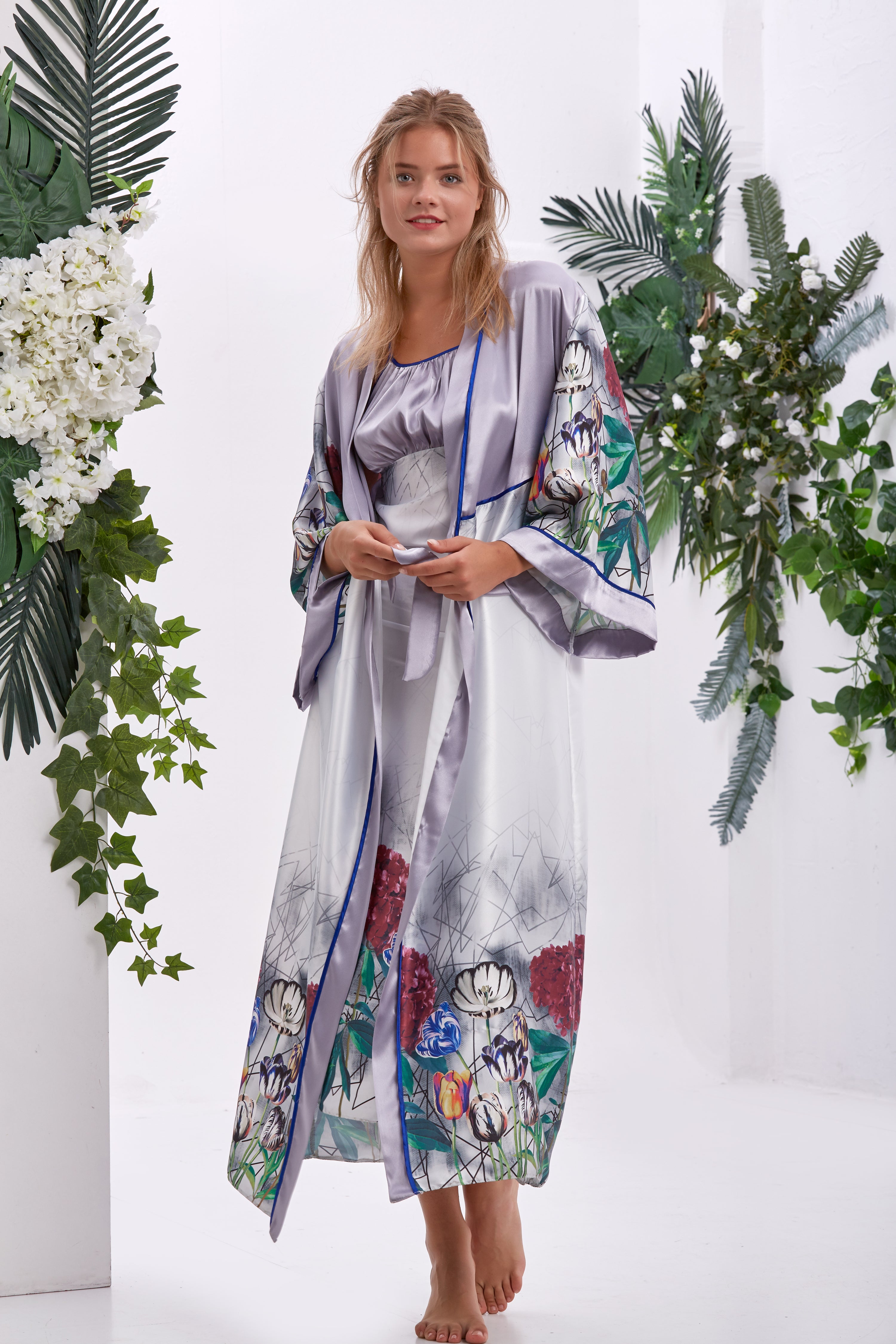 Iris Floral &amp; Geometrik Saten Uzun Kimono Seti