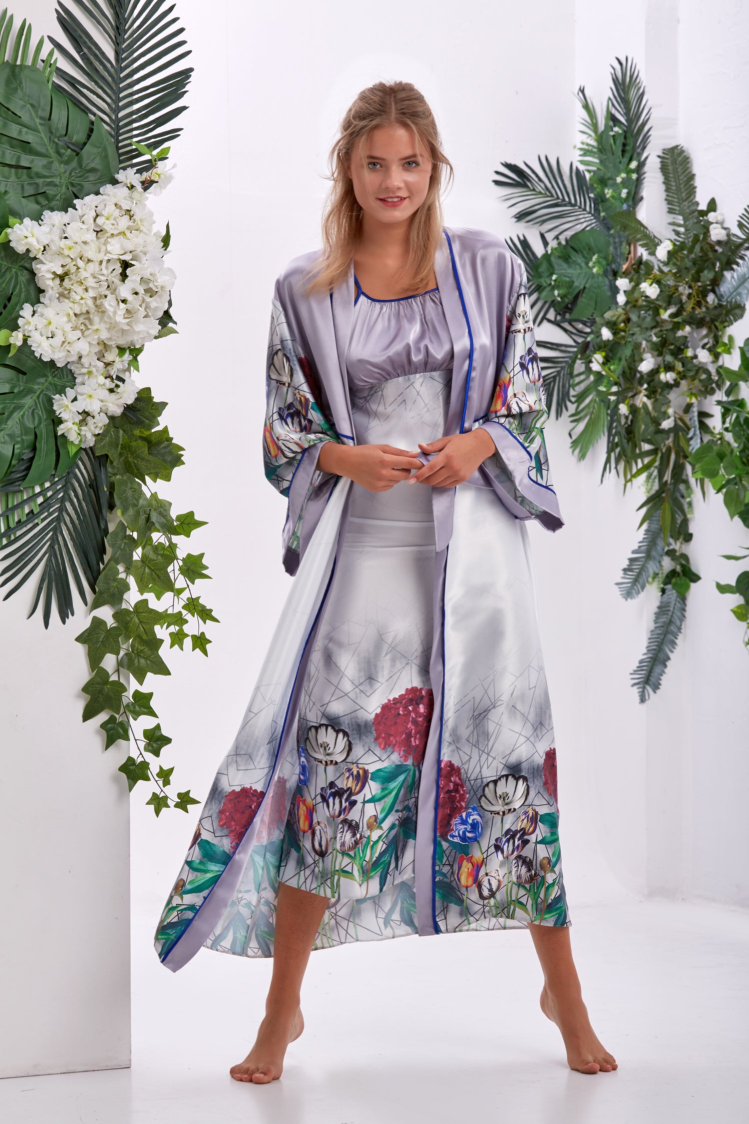 Iris Floral &amp; Geometrik Saten Uzun Kimono Seti