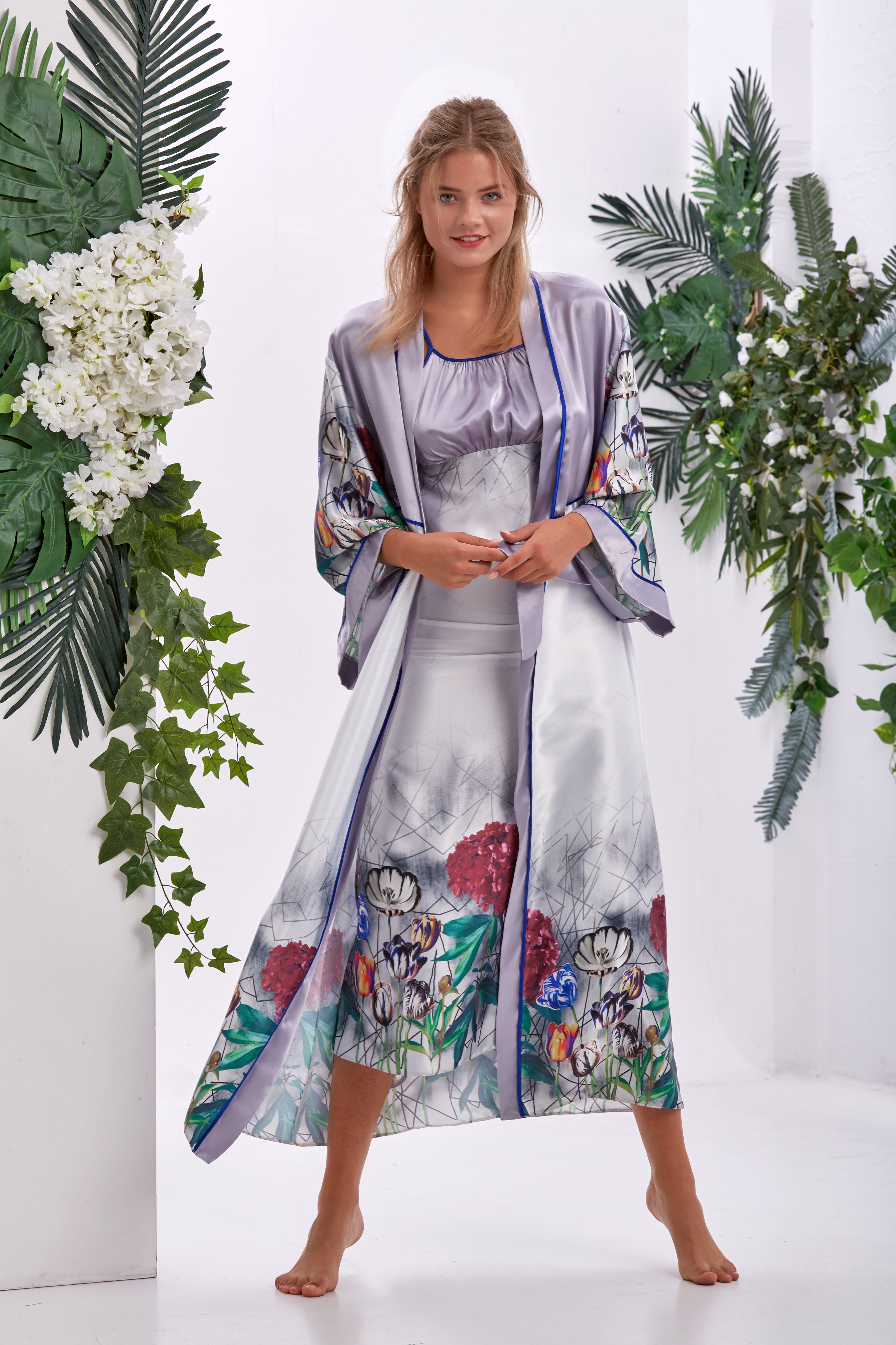 Iris Floral &amp; Geometrik Saten Uzun Kimono Seti