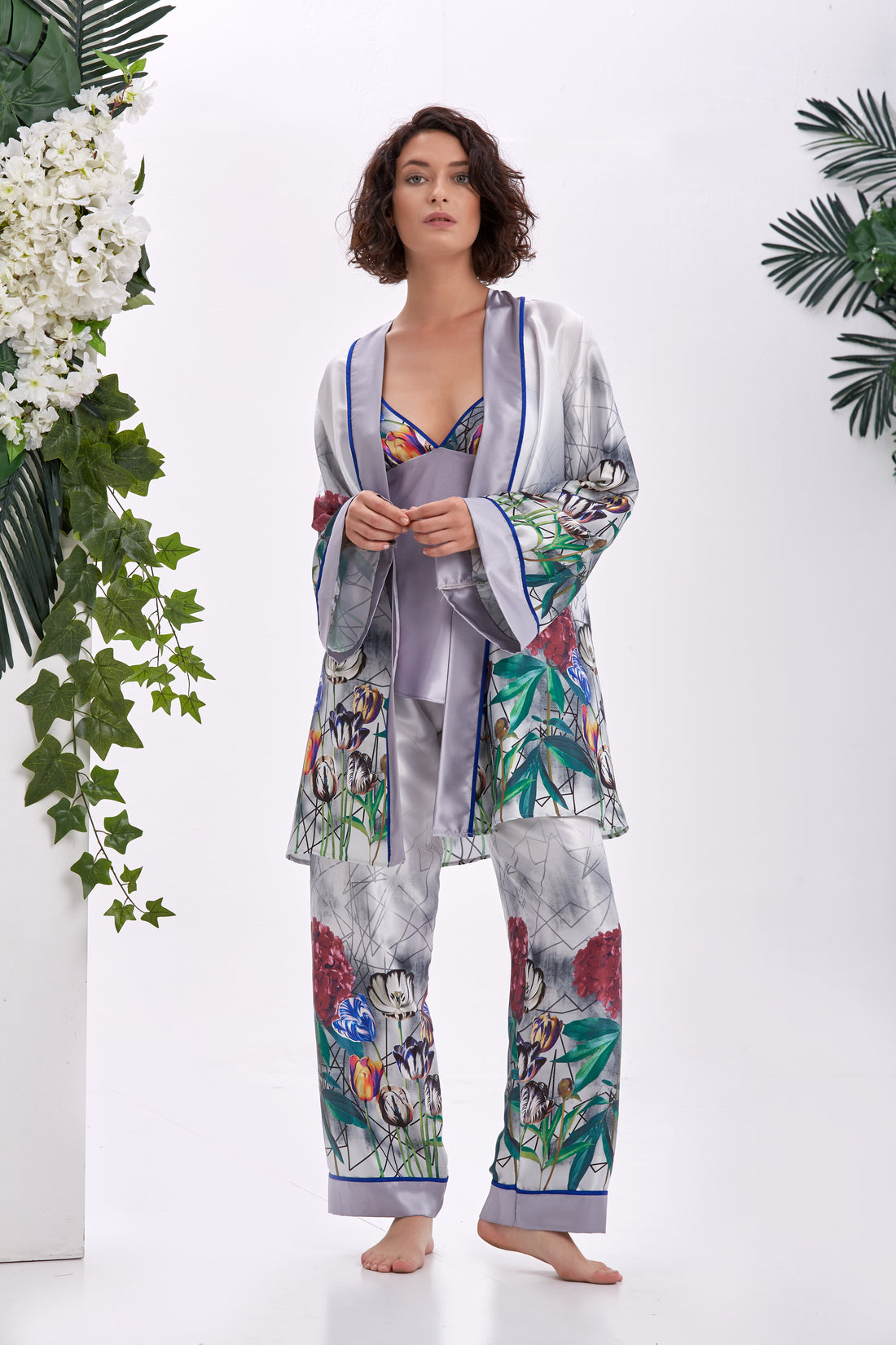 Iris Floral &amp; Geometrik Saten Uzun Kimono Pijama Takımı