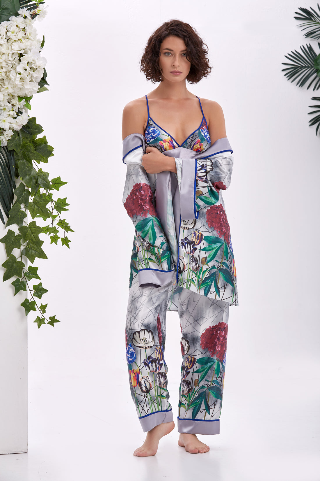 Iris Floral &amp; Geometrik Saten Uzun Kimono Pijama Takımı