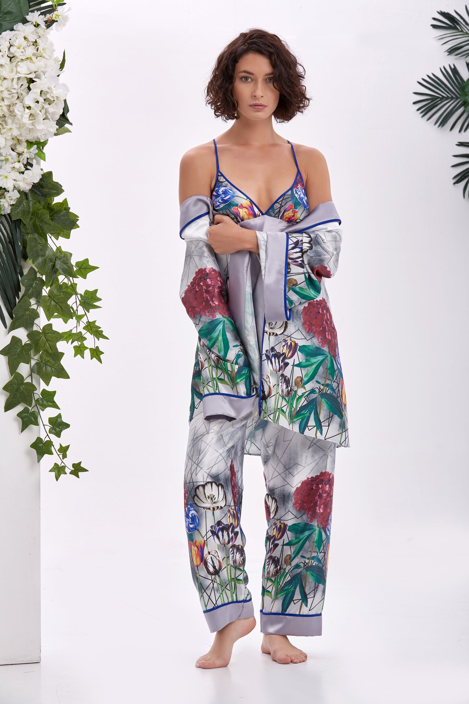Iris Floral &amp; Geometrik Saten Uzun Kimono Pijama Takımı