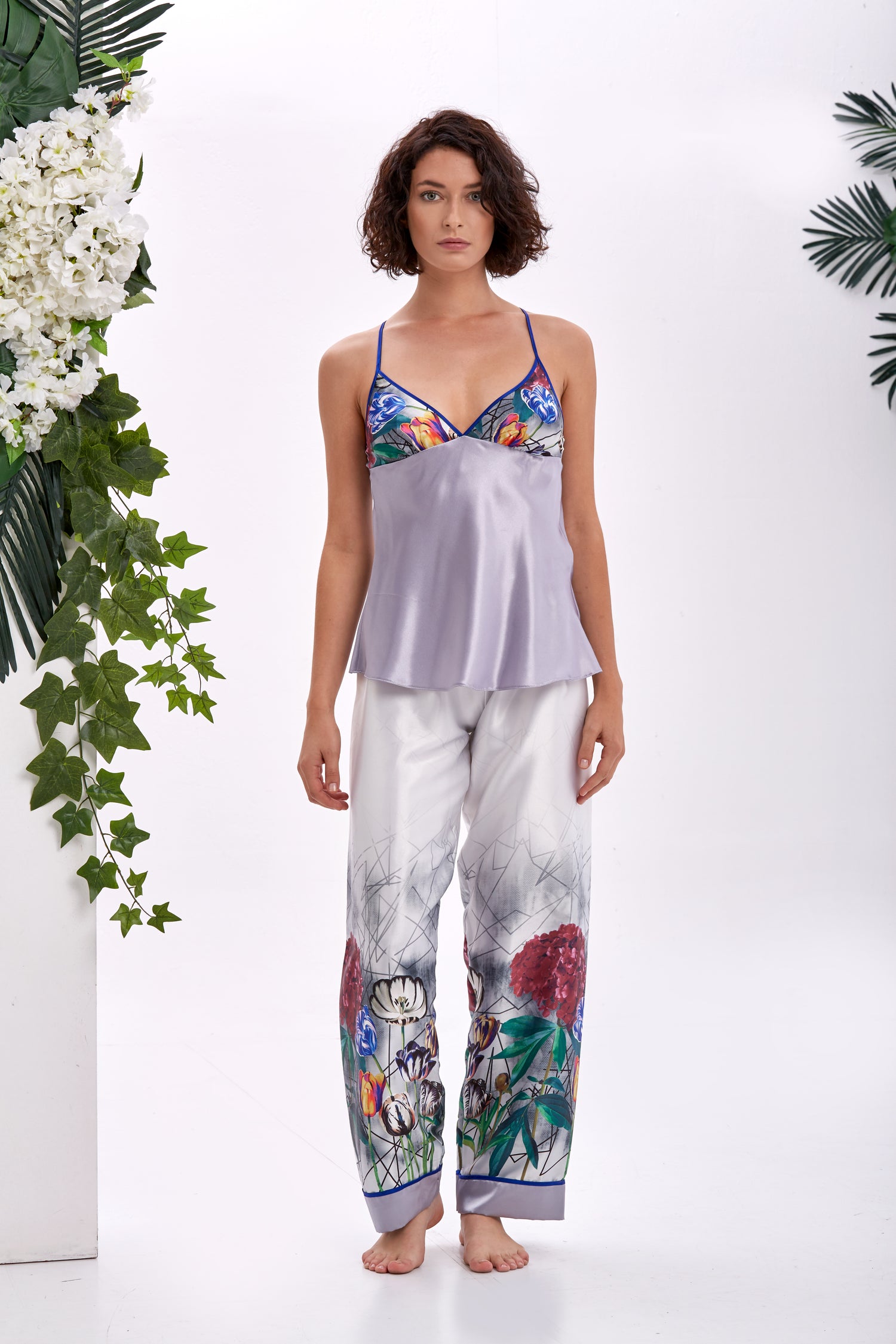 Iris Floral &amp; Geometrik Saten Uzun Kimono Pijama Takımı