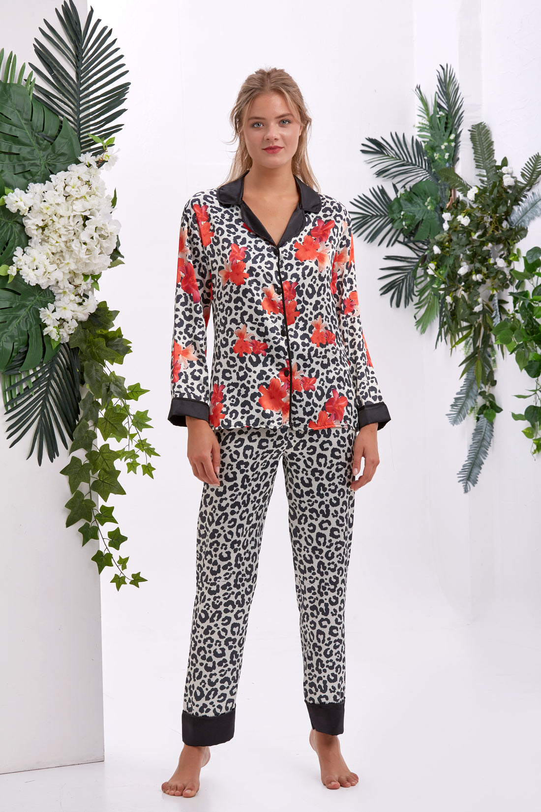 Sauvage Floral Saten Uzun Pijama Takımı