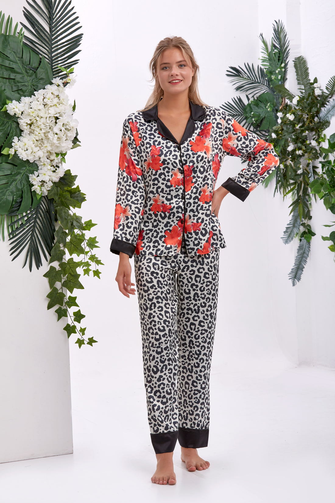 Sauvage Floral Saten Uzun Pijama Takımı