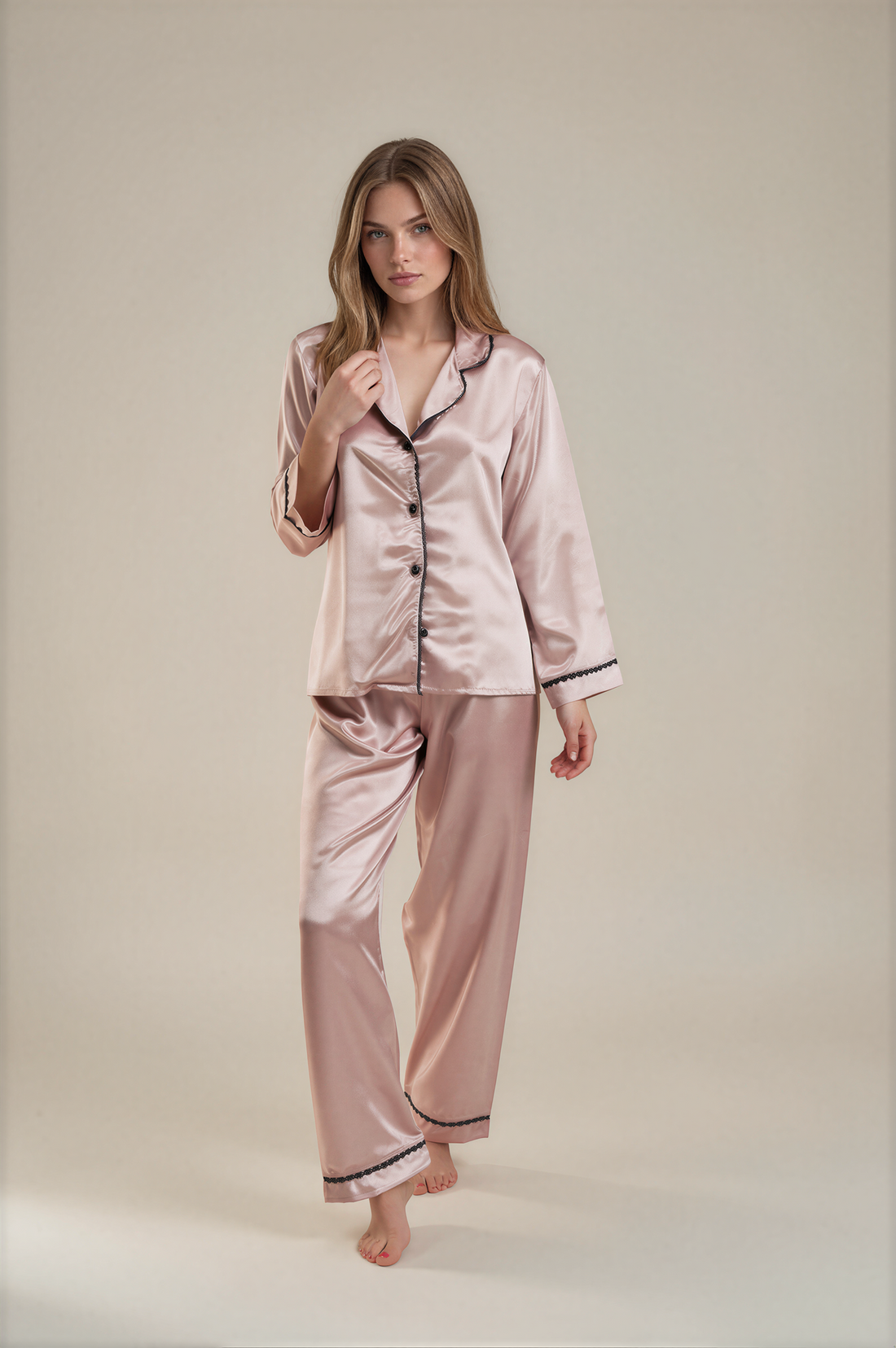 Sophia Dantel Biyeli Saten Uzun Pijama Takımı
