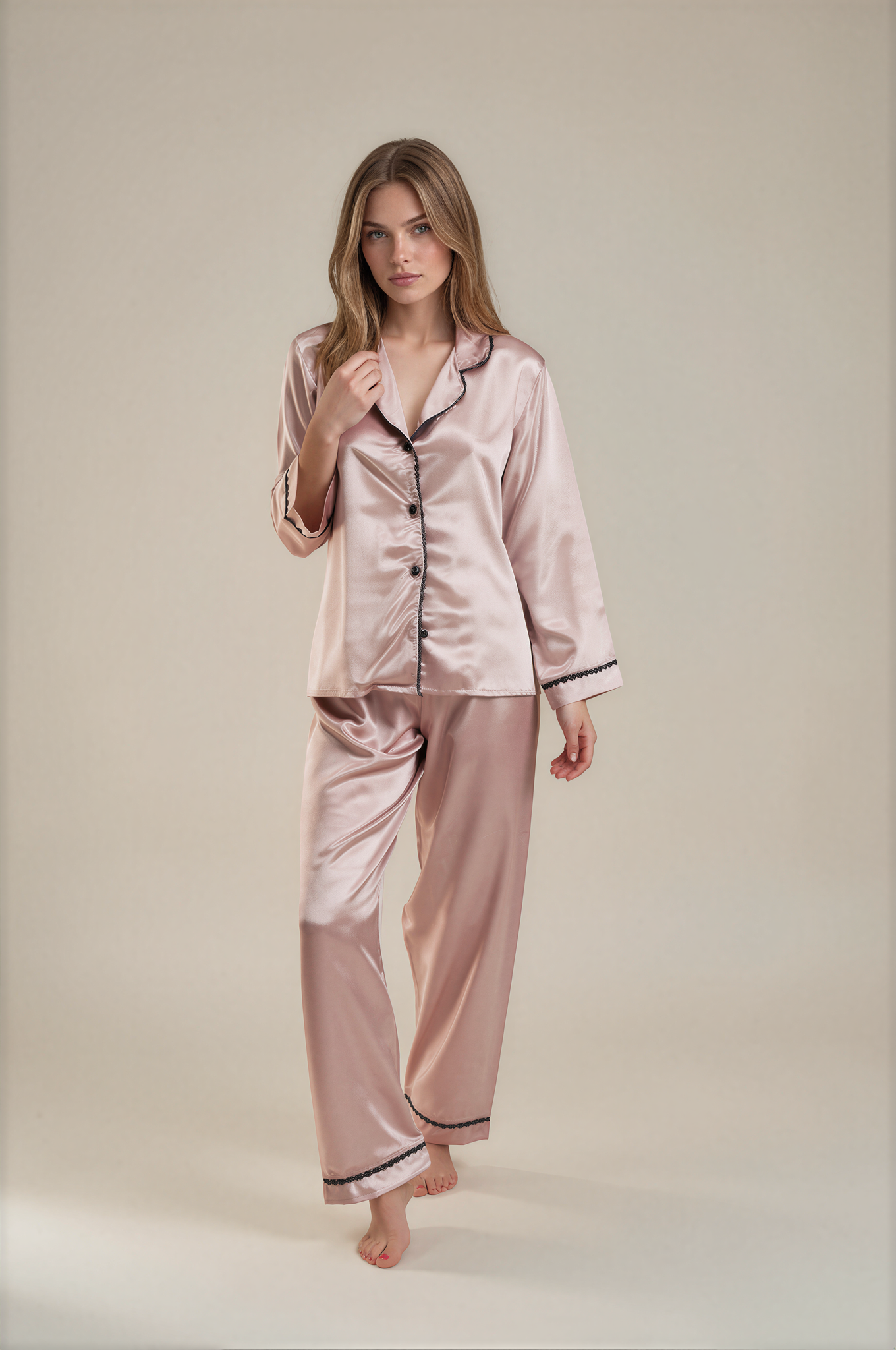 Sophia Dantel Biyeli Saten Uzun Pijama Takımı