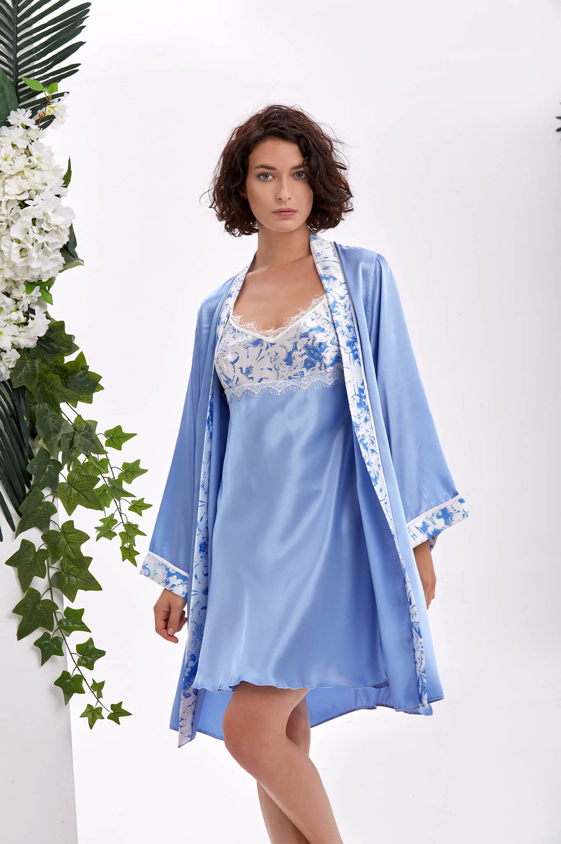 Azure Floral Saten Kimono ve Gecelik Takımı