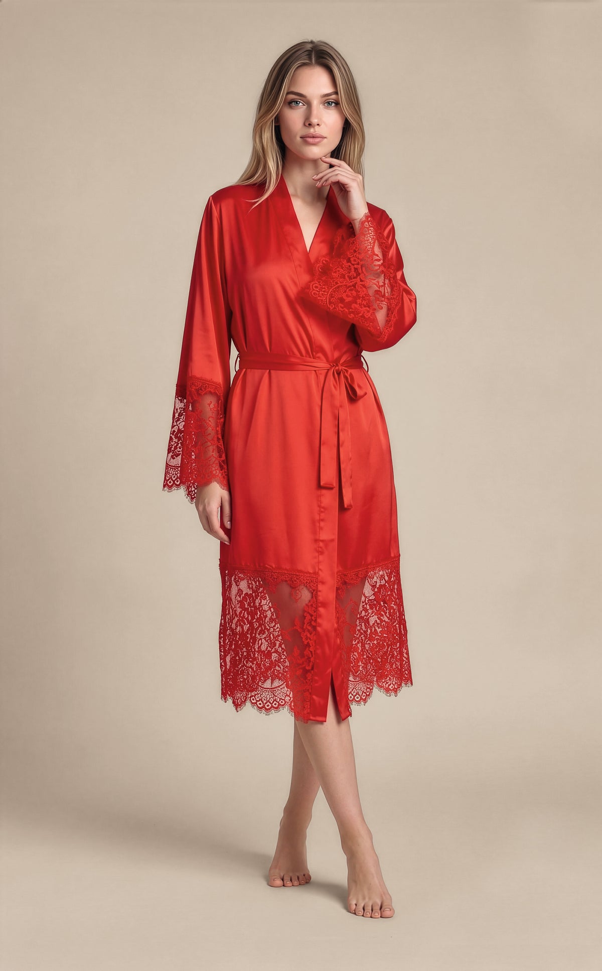 Amour Dantel Detaylı İpek Saten Kimono