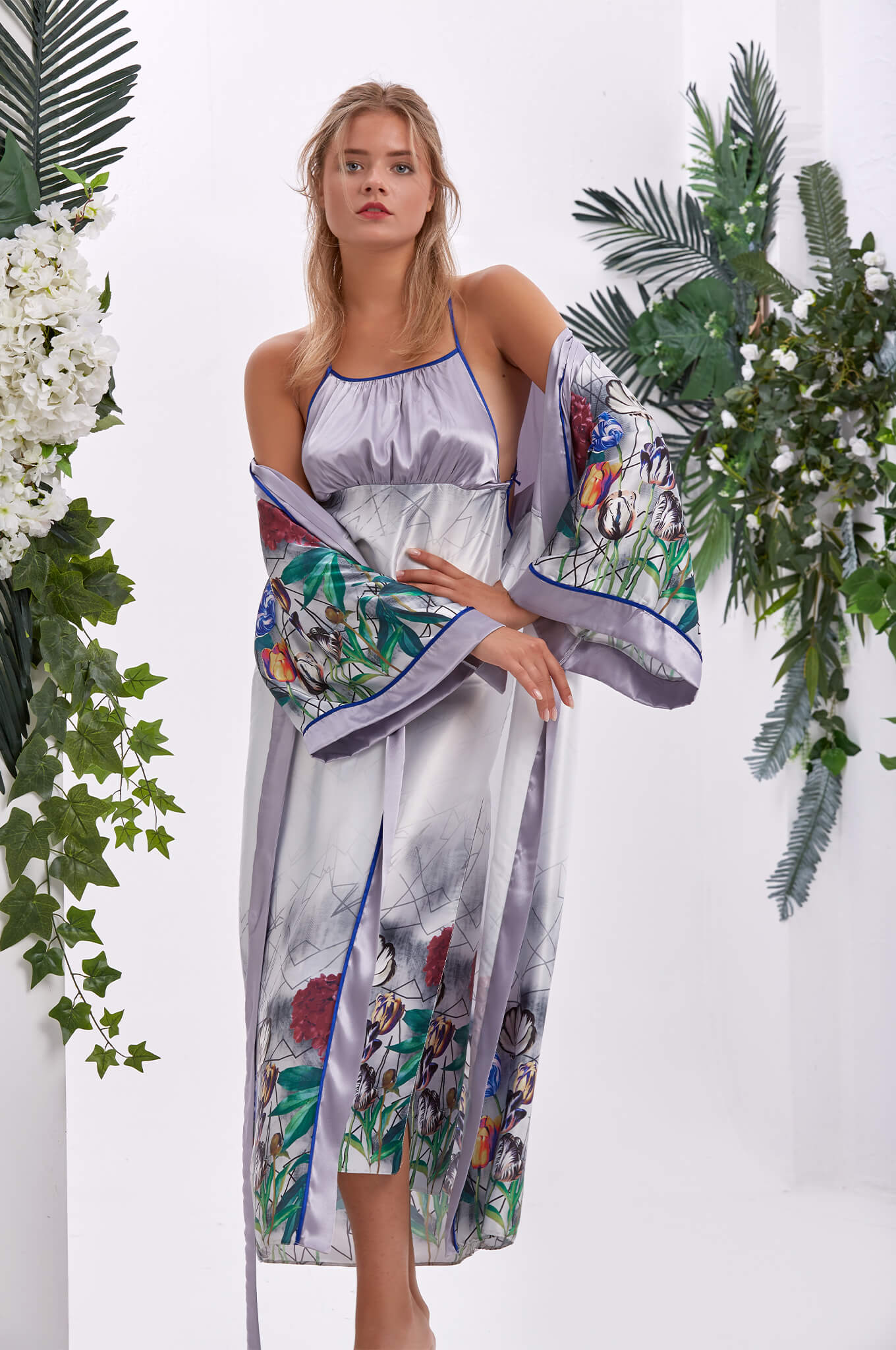 Iris Floral &amp; Geometrik Saten Uzun Kimono Seti