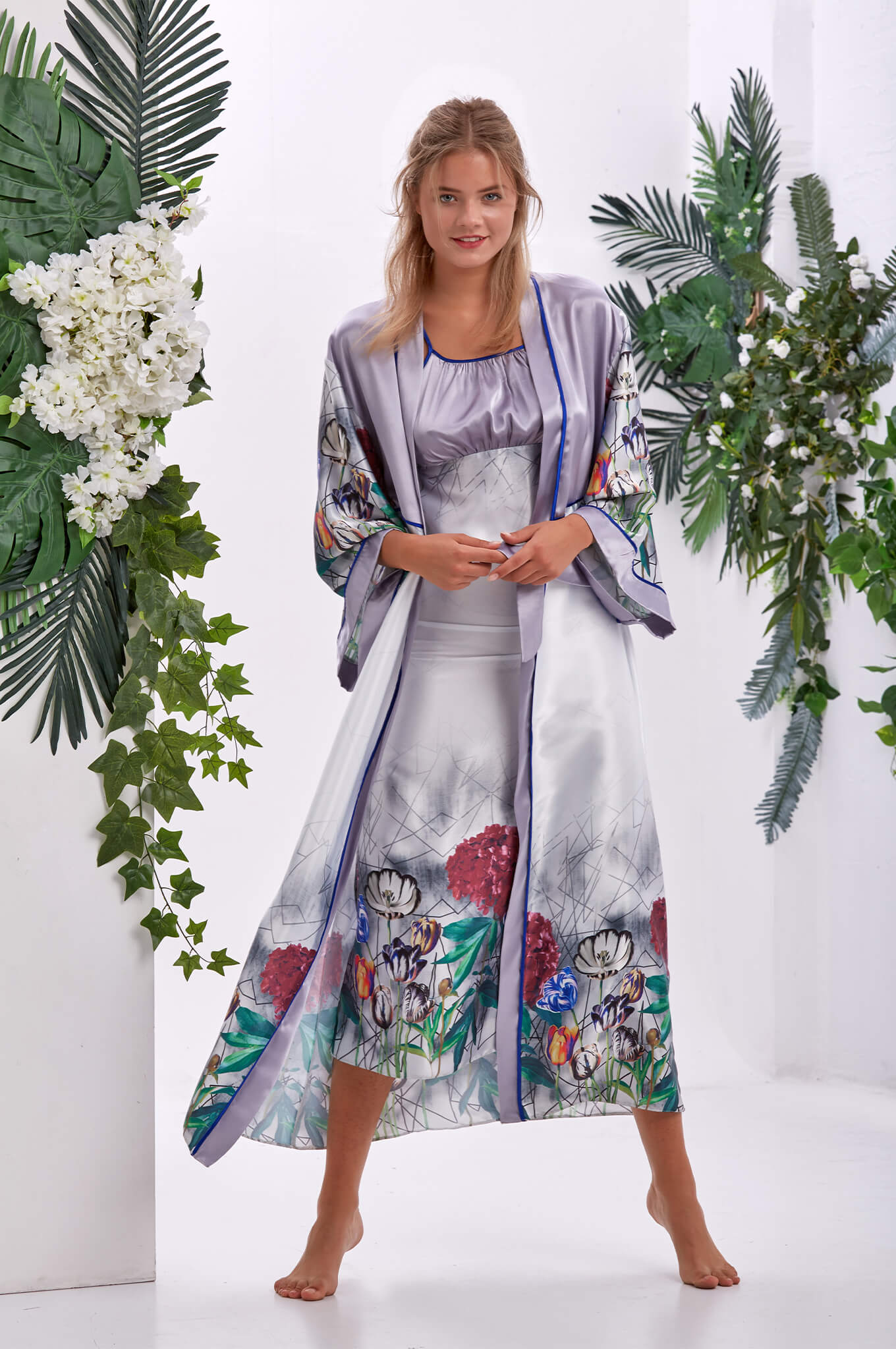 Iris Floral &amp; Geometrik Saten Uzun Kimono Seti