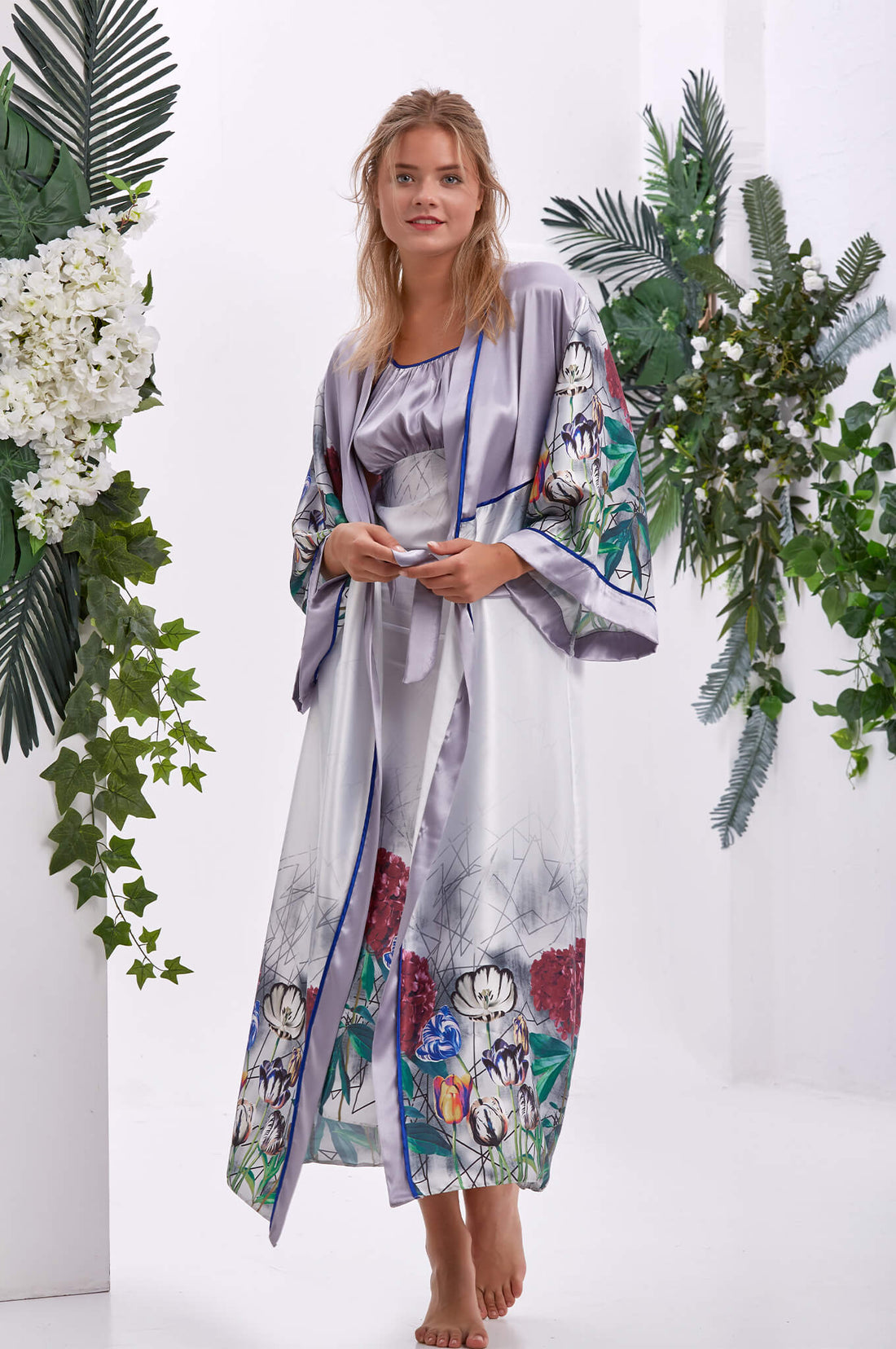 Iris Floral &amp; Geometrik Saten Uzun Kimono Seti