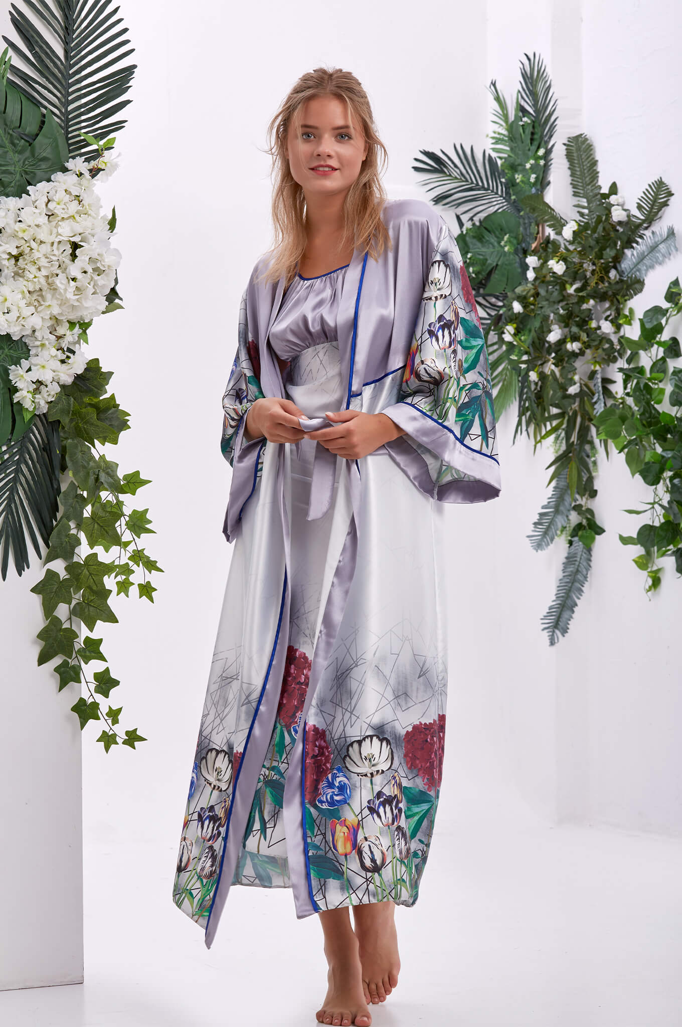 Iris Floral &amp; Geometrik Saten Uzun Kimono Seti