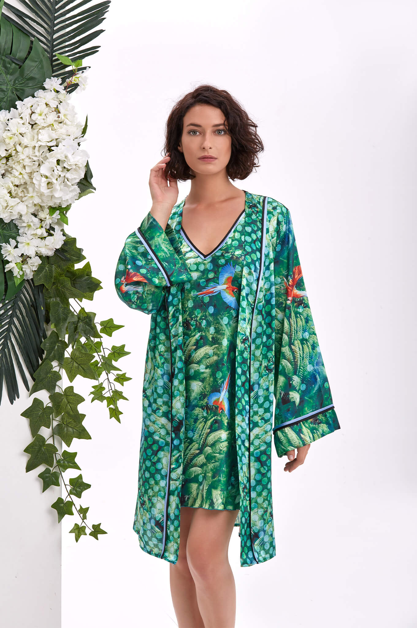 Tropicana Saten Kimono ve Gecelik Takımı