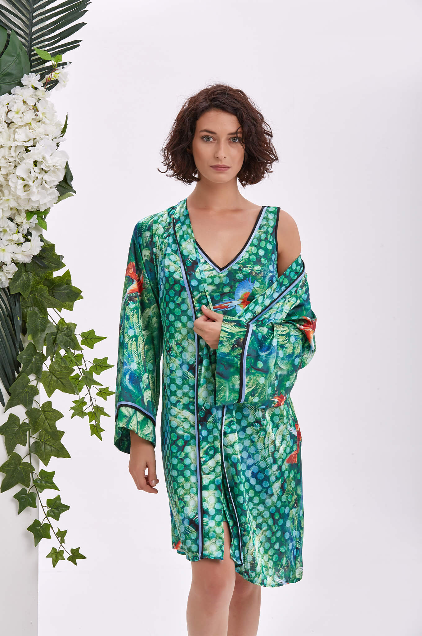Tropicana Saten Kimono ve Gecelik Takımı