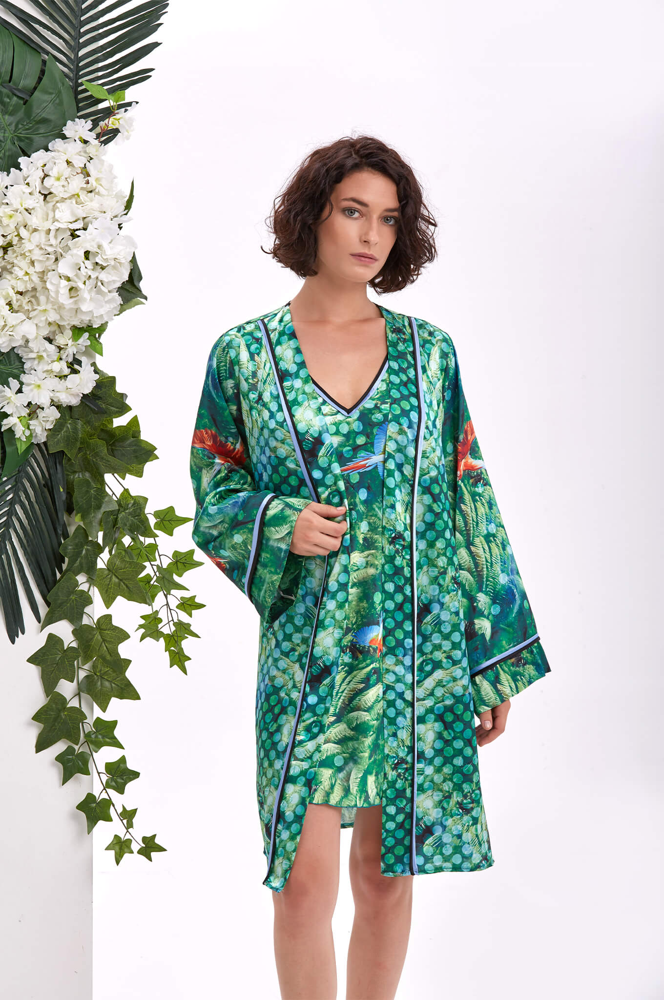 Tropicana Saten Kimono ve Gecelik Takımı